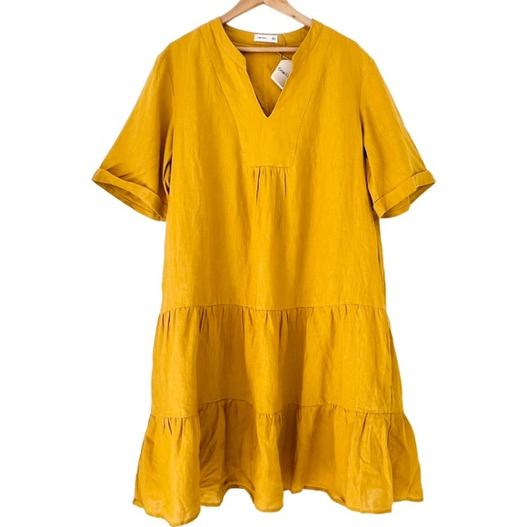 GRAE COVE Fallen Linen Relaxed Fit V-Neck Tiered Mini Dress in Yellow Size XXL - Picture 2 of 8